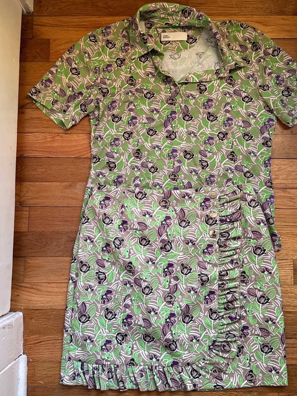 Tory Burch Green, Purple & Black Floral Polo Mini Skort with Ruffle Trim